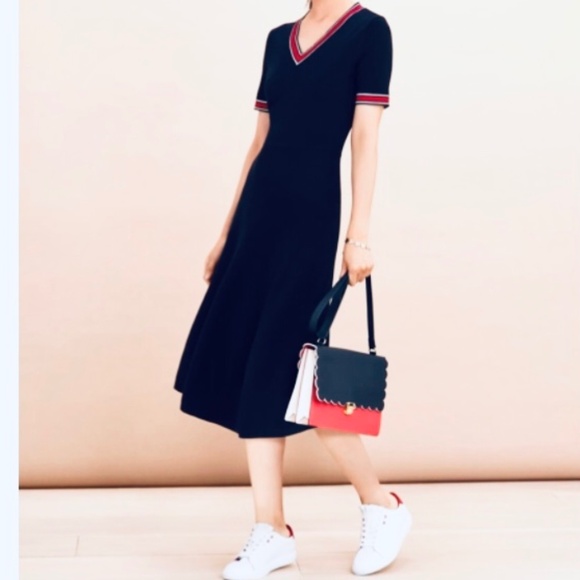 XS Navy Trim V-Neck Knit Midi Dress - Picture 1 of 10